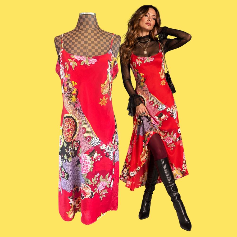 Natori Private Luxuries Slip Dress L Red Asian Floral Satin Maxi Lingerie Y2K